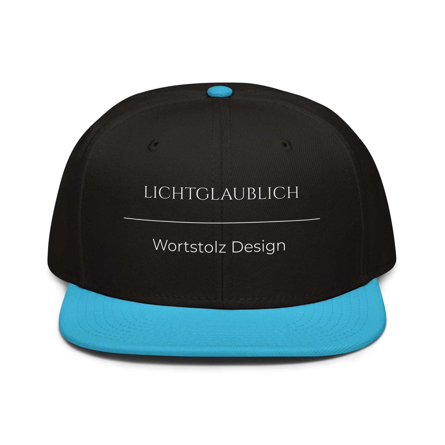 Lichtglaublich Snapback Cap in Schwarz - Blau aus Acryl-Woll-Mix - neues Wort für einen positiven Lichtblick - Front - Wortstolz Design