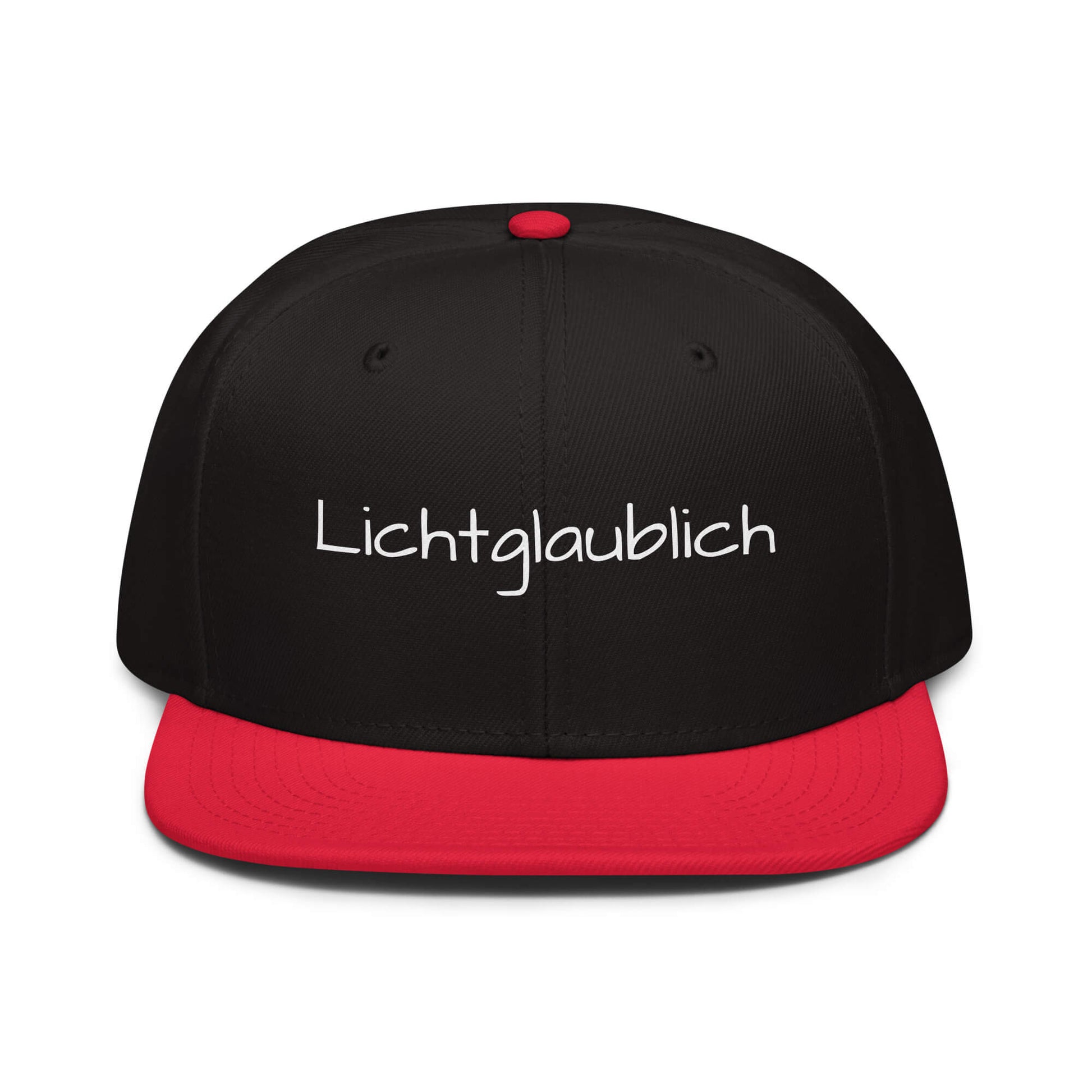 Lichtglaublich Snapback Cap in Schwarz - Rot aus Acryl-Woll-Mix - neues Wort für einen positiven Lichtblick - Front - Wortstolz Design