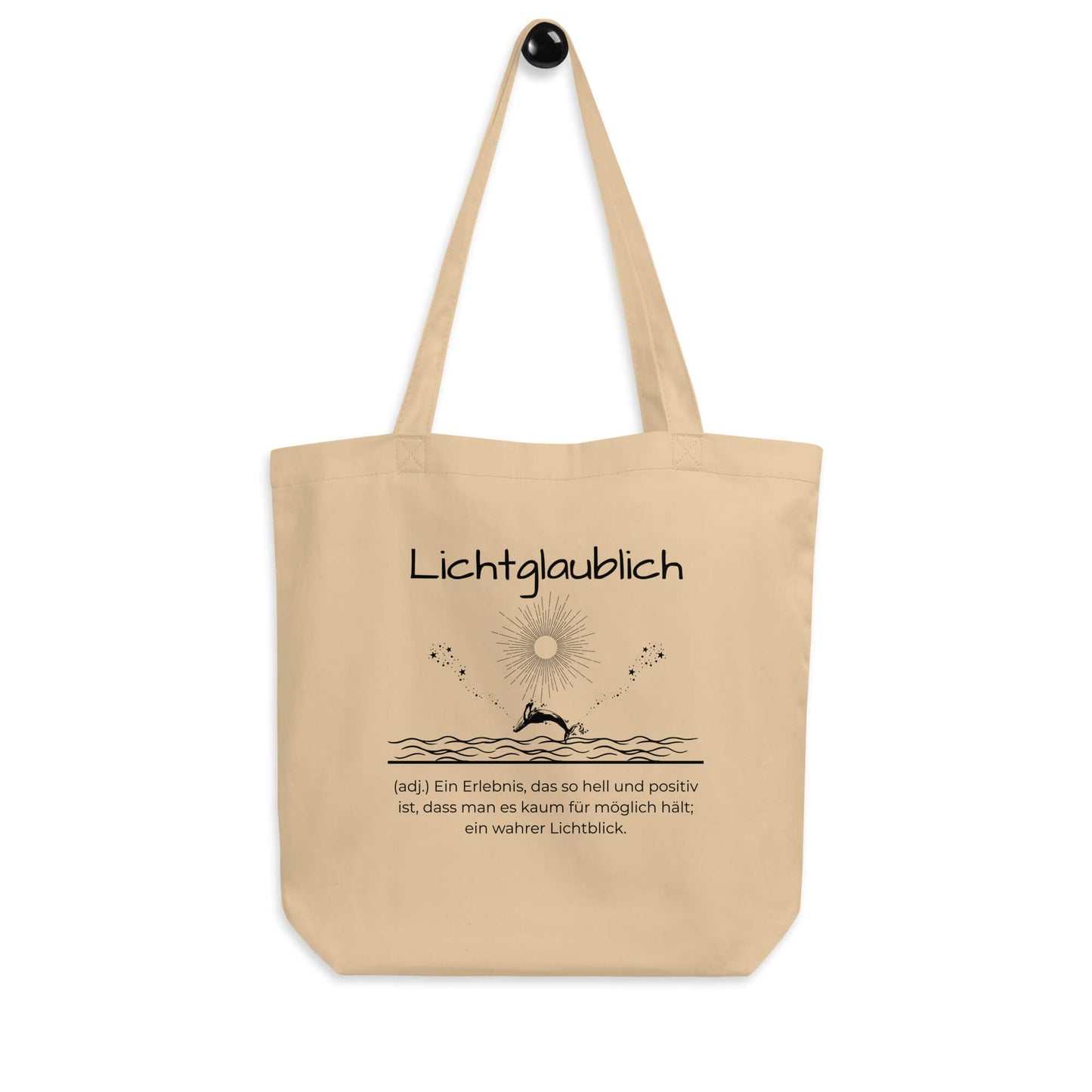 Lichtglaublich Bio-Stoffbeutel. Einkaufstasche in Oyster aus Bio-Baumwolle - Res5 Edition - Frontansicht hängend mit schwarzem Print
