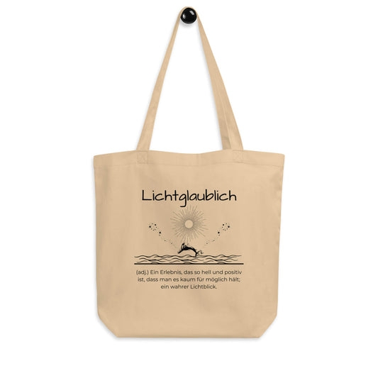 Lichtglaublich Bio-Stoffbeutel. Einkaufstasche in Oyster aus Bio-Baumwolle - Res5 Edition - Frontansicht hängend mit schwarzem Print