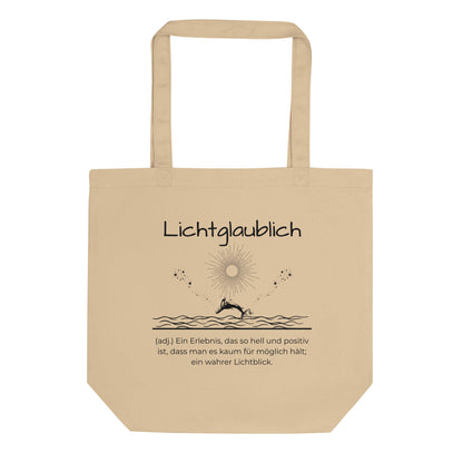 Lichtglaublich Bio-Stoffbeutel. Einkaufstasche in Oyster aus Bio-Baumwolle - Res5 Edition - Frontansichtmit schwarzem Print