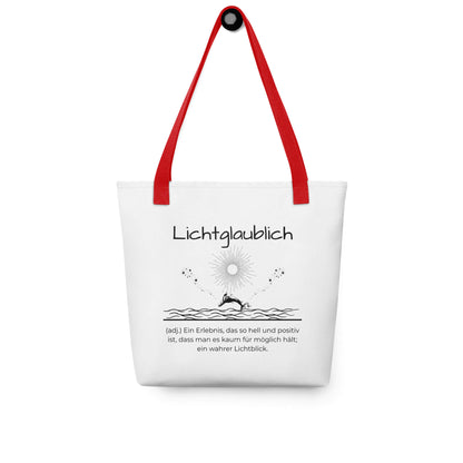 Lichtglaublich - Stofftasche in Red -White aus Polyester und Baumwolle - Premium Edition - Frontansicht hängend mit schwarzem Print