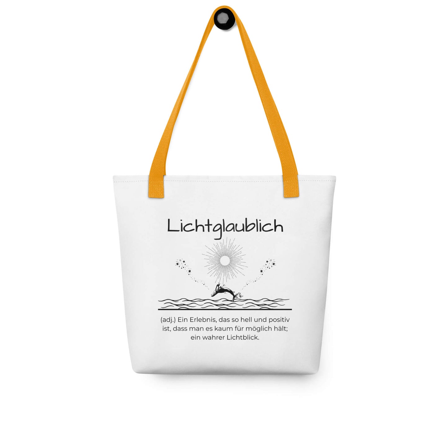 Lichtglaublich - Stofftasche in Yellow -White aus Polyester und Baumwolle - Premium Edition - Frontansicht hängend mit schwarzem Print