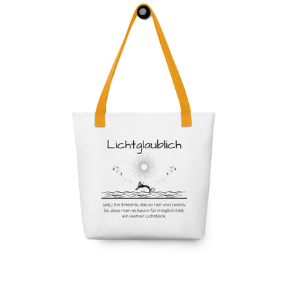 Lichtglaublich - Stofftasche in Yellow -White aus Polyester und Baumwolle - Premium Edition - Frontansicht hängend mit schwarzem Print
