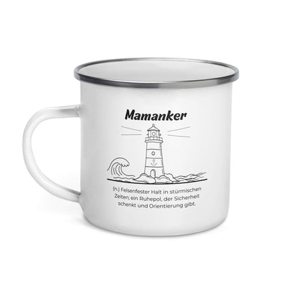 Geschenk Tasse - Mamanker Emailletasse in Weiß - Premium Edition  - Frontansicht mit schwarzem Print - Henkel links