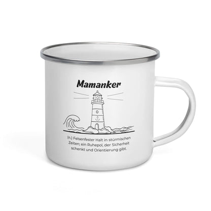 Geschenk Tasse - Mamanker Emailletasse in Weiß - Premium Edition  - Frontansicht mit schwarzem Print - Henkel rechts