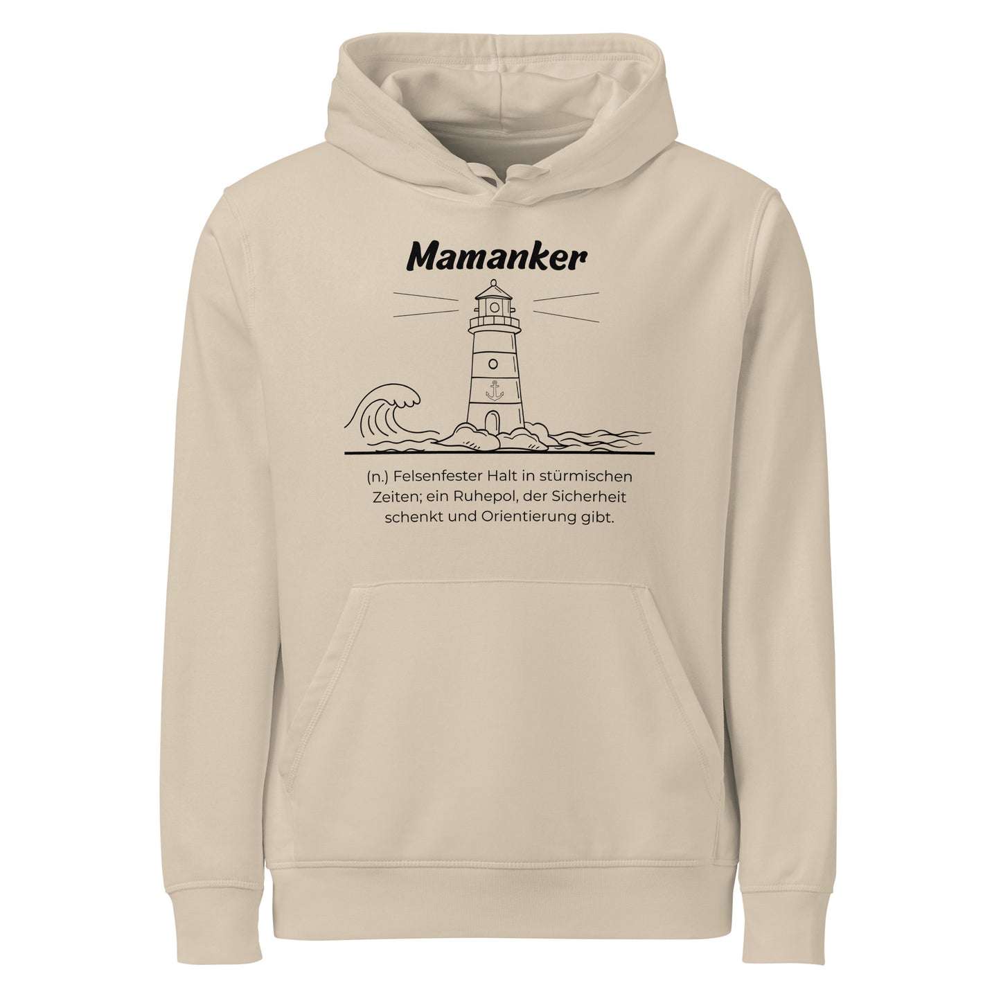 Geschenk Hoodie - Mamanker Kapuzenpullover in Desert Dust aus Bio-Baumwolle - Res5 Edition - Frontansicht mit schwarzem Print
