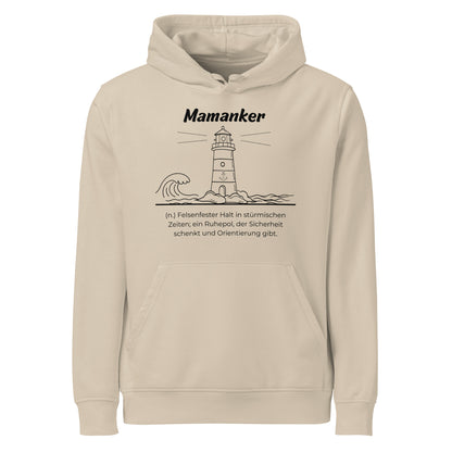 Geschenk Hoodie - Mamanker Kapuzenpullover in Desert Dust aus Bio-Baumwolle - Res5 Edition - Frontansicht mit schwarzem Print