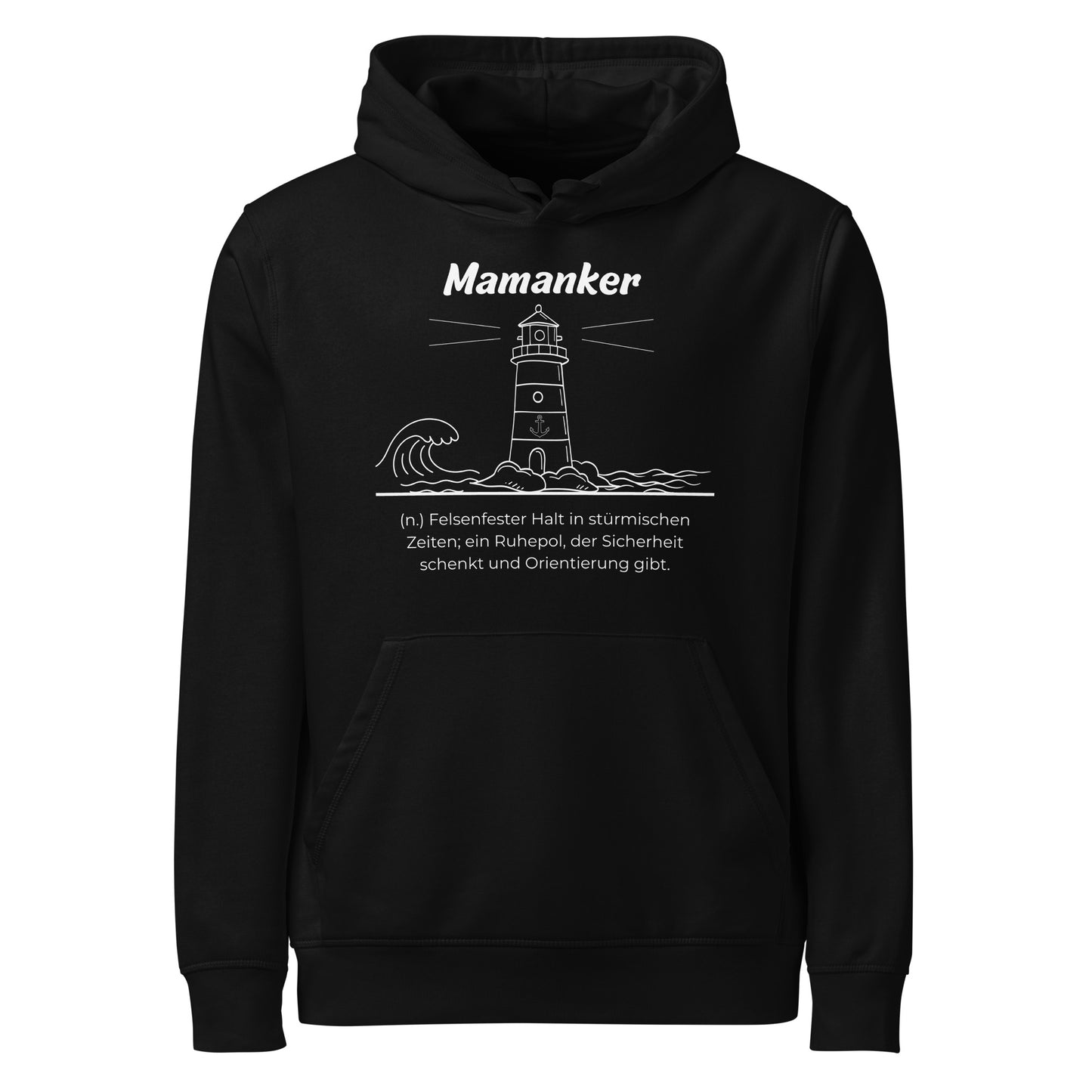 Geschenk Hoodie - Mamanker Kapuzenpullover in Schwarz aus Bio-Baumwolle - Res5 Edition - Frontansicht mit weißem Print