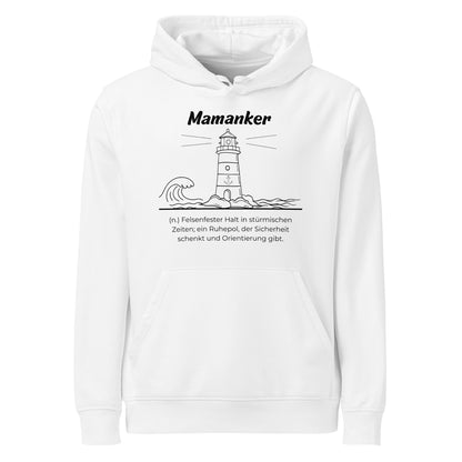 Geschenk Hoodie - Mamanker Kapuzenpullover in Weiß aus Bio-Baumwolle - Res5 Edition - Frontansicht mit schwarzem Print