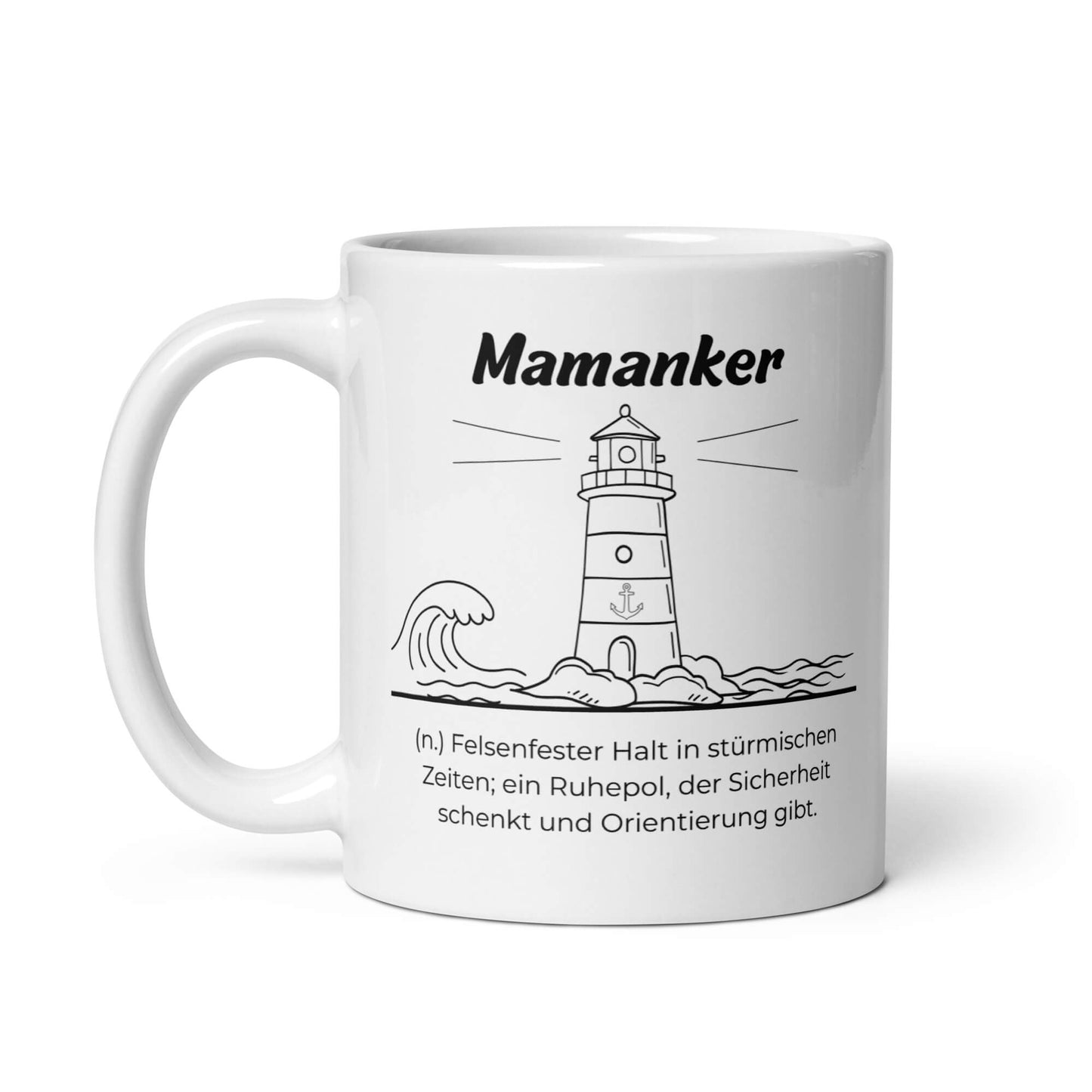 Geschenk Tasse - Mamanker Keramiktasse in Weiß - Res5 Edition  - Frontansicht mit schwarzem Print - Henkel links