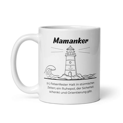 Geschenk Tasse - Mamanker Keramiktasse in Weiß - Res5 Edition  - Frontansicht mit schwarzem Print - Henkel links