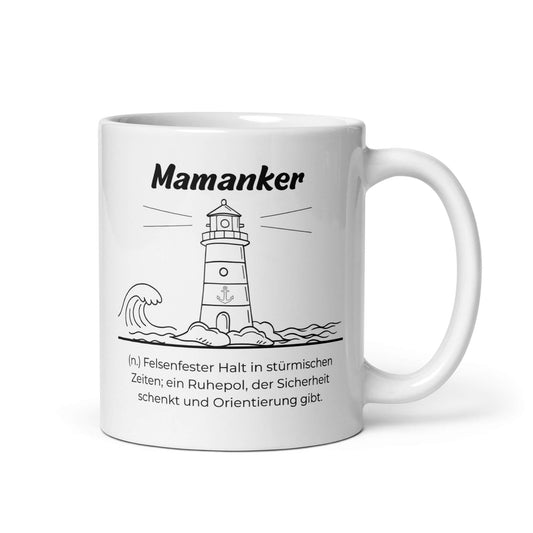 Geschenk Tasse - Mamanker Keramiktasse in Weiß - Res5 Edition  - Frontansicht mit schwarzem Print - Henkel rechts