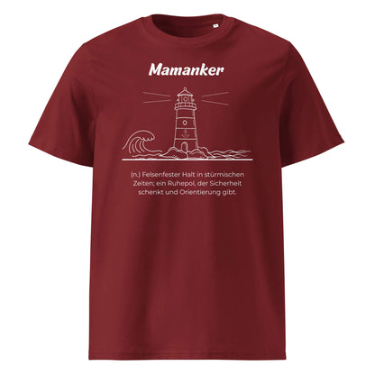 Geschenk T-Shirt - Mamanker T-Shirt in Burgundy aus 180/m² Bio-Baumwolle, Premium Edition, Frontansicht mit weißem Print