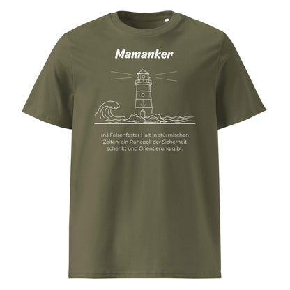 Geschenk T-Shirt - Mamanker T-Shirt in Khaki aus 180/m² Bio-Baumwolle, Premium Edition, Frontansicht mit weißem Print