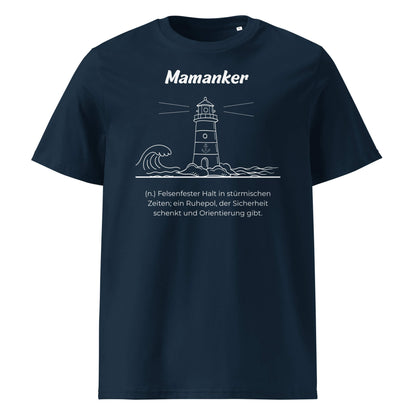 Geschenk T-Shirt - Mamanker T-Shirt in Marineblau aus 180/m² Bio-Baumwolle, Premium Edition, Frontansicht mit weißem Print