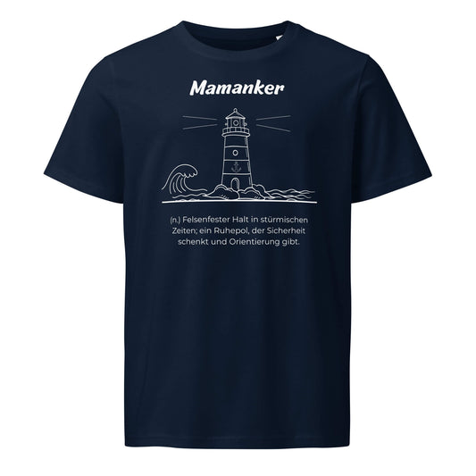 Geschenk T-Shirt - Mamanker T-Shirt in Marineblau aus 155g/m² Bio-Baumwolle, Res5 Edition, Frontansicht mit weißem Print