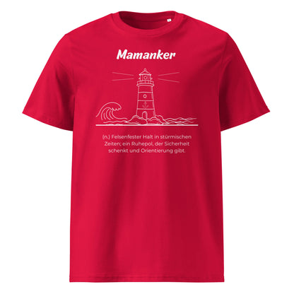 Geschenk T-Shirt - Mamanker T-Shirt in Red aus 180/m² Bio-Baumwolle, Premium Edition, Frontansicht mit weißem Print