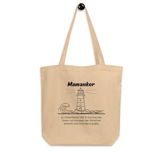 Geschenk Einkaufstasche - Mamanker Tasche in Khaki aus Bio-Baumwolle - Res5 Edition - Frontansicht hängend mit schwarzem Print