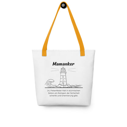 Geschenk Stofftasche - Mamanker Tasche in Weiß-Gelb aus Polyester und Baumwolle - Premium Edition - Frontansicht hängend mit schwarzem Print