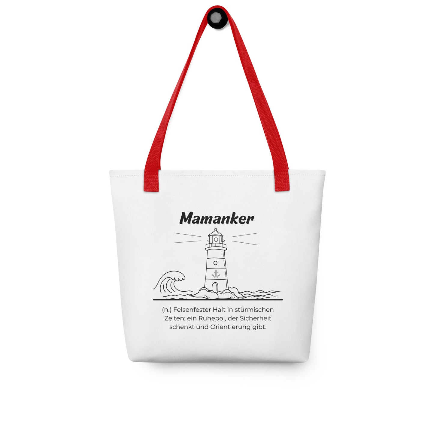 Geschenk Stofftasche - Mamanker Tasche in Weiß-Rot aus Polyester und Baumwolle - Premium Edition - Frontansicht hängend mit schwarzem Print