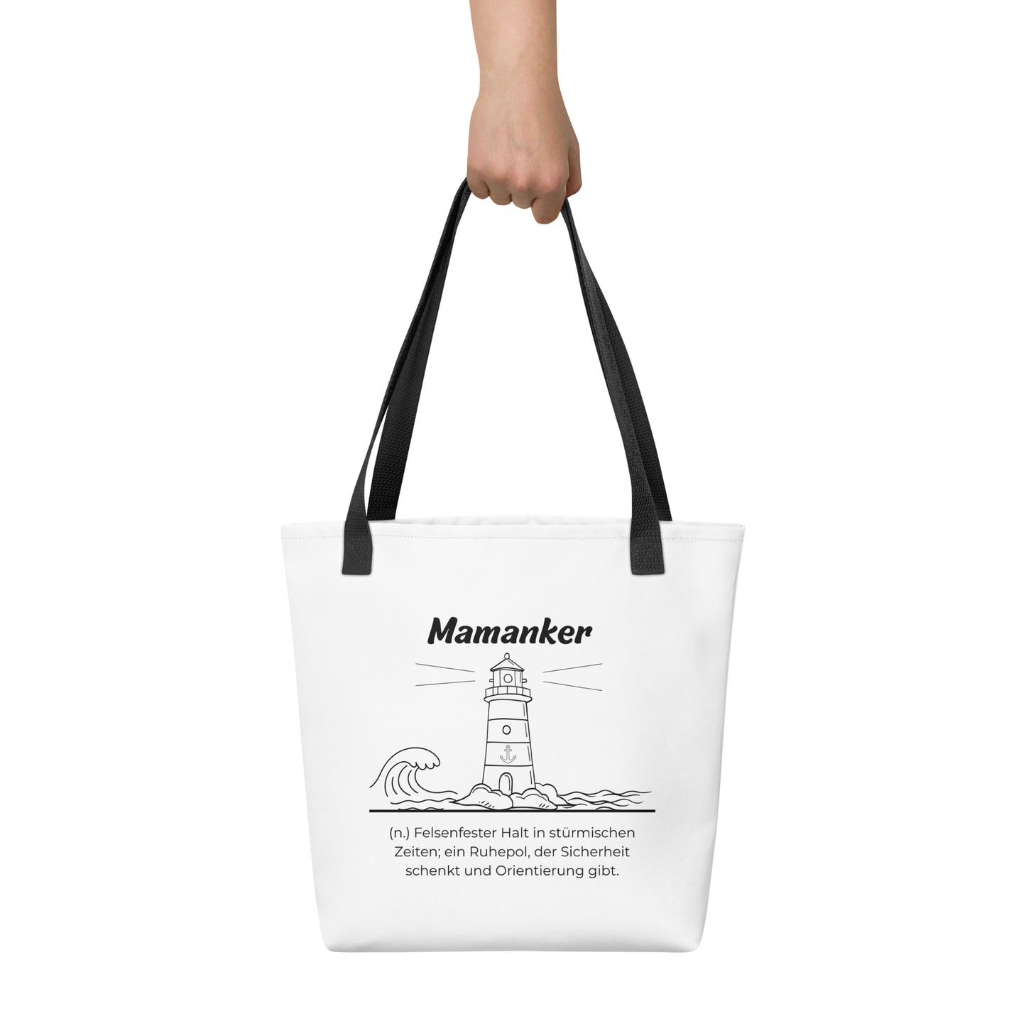 Geschenk Stofftasche - Mamanker Tasche in Weiß-Schwarz aus Polyester und Baumwolle - Premium Edition - Frontansicht haltend in Hand mit schwarzem Print