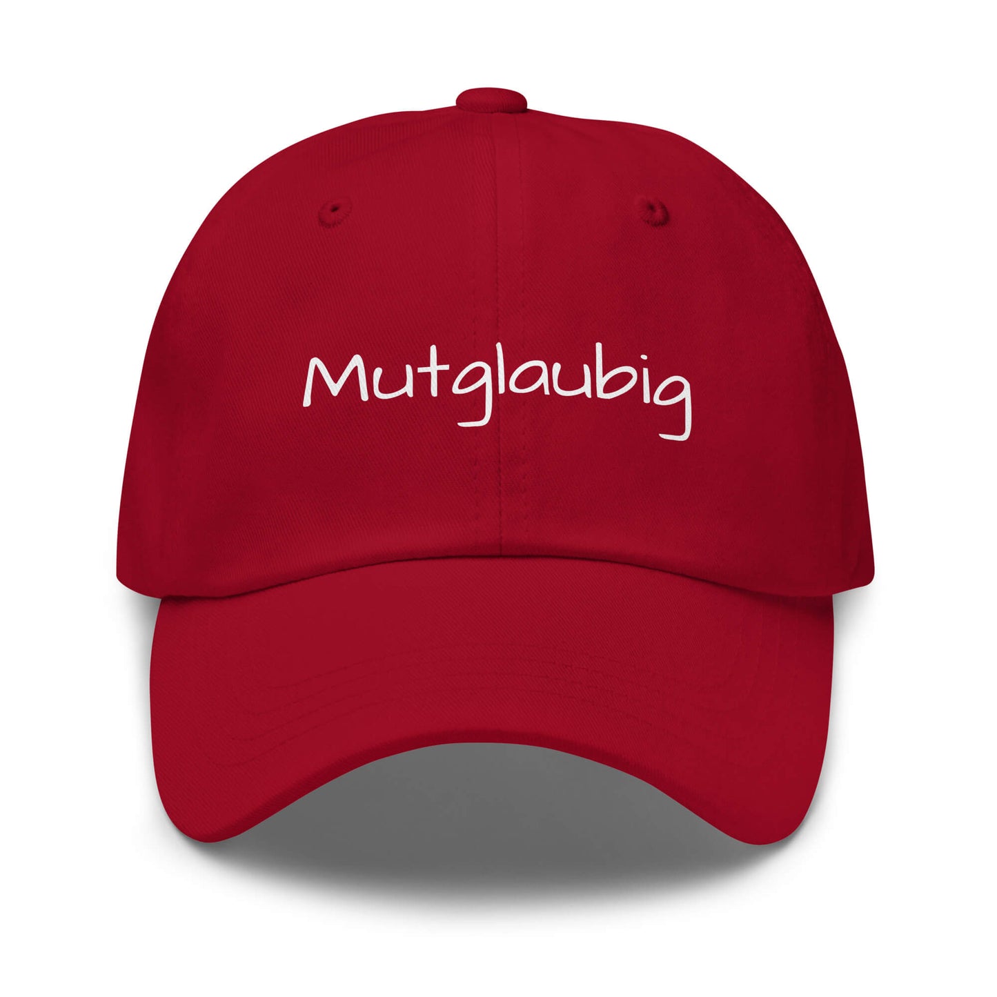 Cap mit Wort - Mutglaubig Dad Cap in Cranberry - Premium Edition - mit weißem Print - Frontansicht