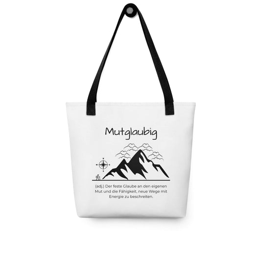 Mutglaubig - Stofftasche in Black -White aus Polyester und Baumwolle - Premium Edition - Frontansicht hängend mit schwarzem Print