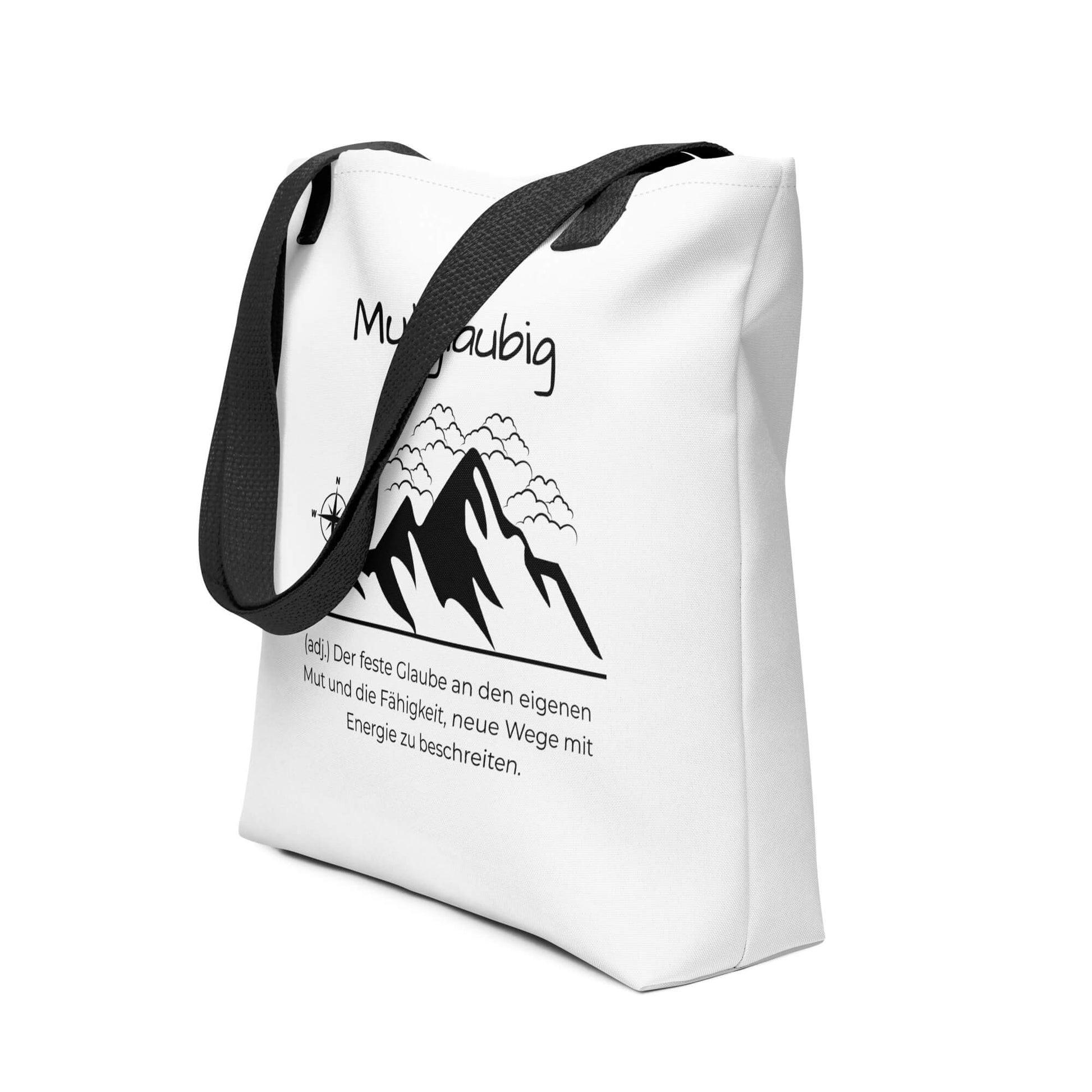 Mutglaubig - Stofftasche in Black - White aus Polyester und Baumwolle - Premium Edition - Frontansicht schräg mit schwarzem Print