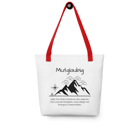 Mutglaubig - Stofftasche in Red -White aus Polyester und Baumwolle - Premium Edition - Frontansicht hängend mit schwarzem Print