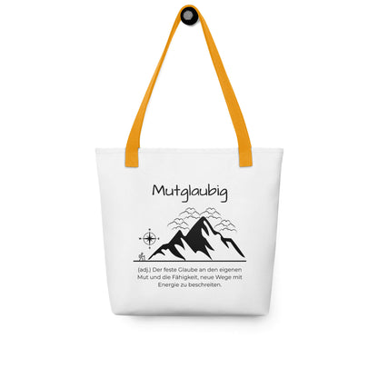Mutglaubig - Stofftasche in Yellow -White aus Polyester und Baumwolle - Premium Edition - Frontansicht hängend mit schwarzem Print
