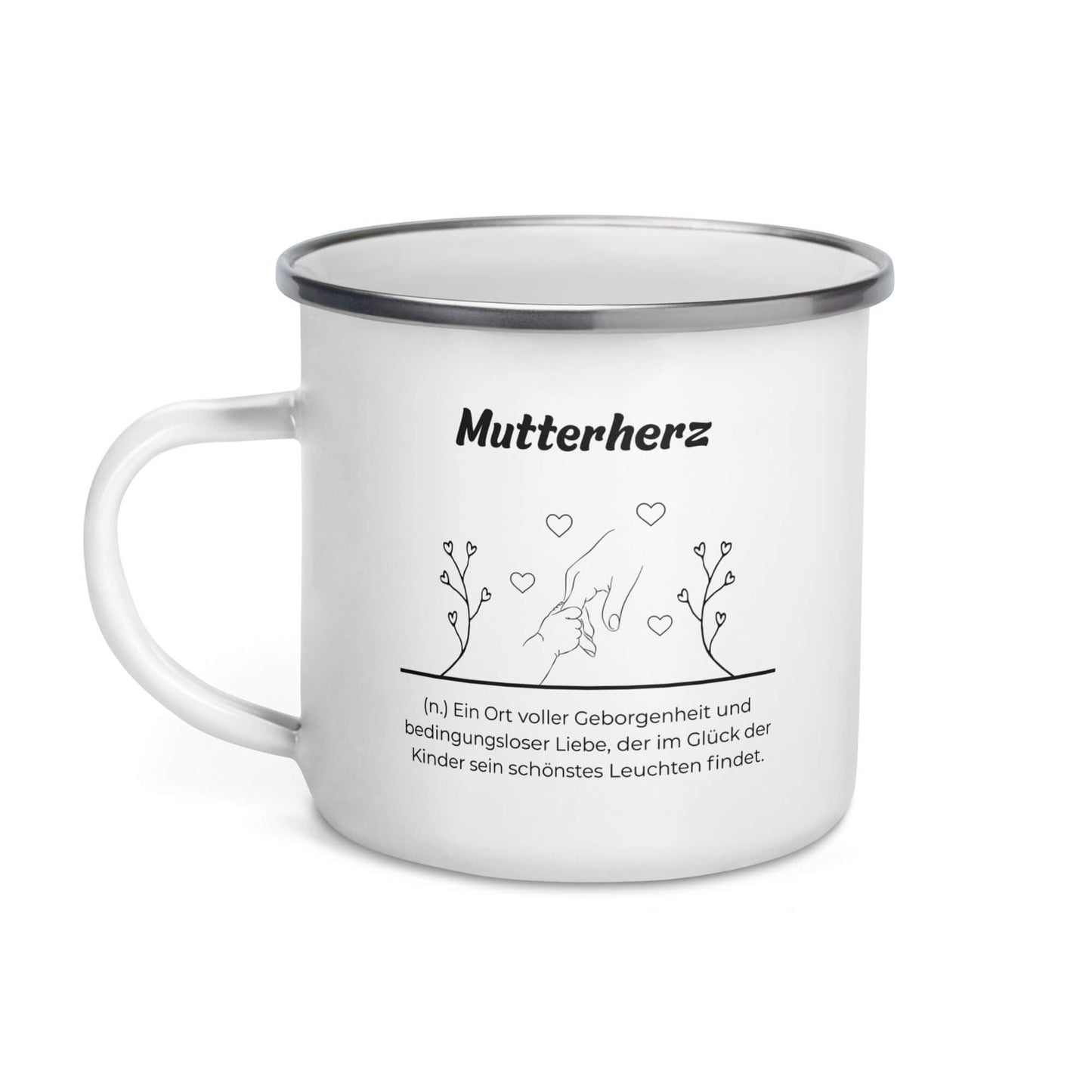 Geschenk Tasse - Mutterherz Emailletasse in Weiß - Premium Edition  - Frontansicht mit schwarzem Print - Henkel links