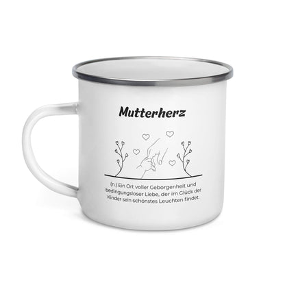 Geschenk Tasse - Mutterherz Emailletasse in Weiß - Premium Edition  - Frontansicht mit schwarzem Print - Henkel links