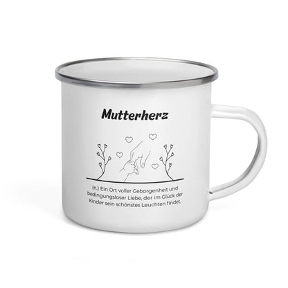 Geschenk Tasse - Mutterherz Emailletasse in Weiß - Premium Edition  - Frontansicht mit schwarzem Print - Henkel rechts