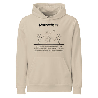Geschenk Hoodie - Mutterherz Kapuzenpullover in Desert Dust aus Bio-Baumwolle - Res5 Edition - Frontansicht mit schwarzem Print