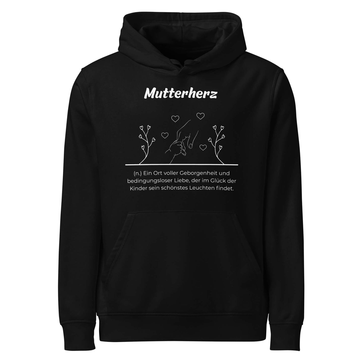 Geschenk Hoodie - Mutterherz Kapuzenpullover in Schwarz aus Bio-Baumwolle - Res5 Edition - Frontansicht mit weißem Print