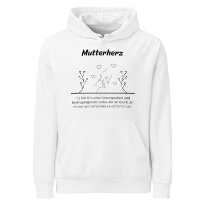 Geschenk Hoodie - Mutterherz Kapuzenpullover in Weiß aus Bio-Baumwolle - Res5 Edition - Frontansicht mit schwarzem Print