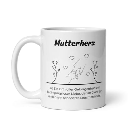 Geschenk Tasse - Mutterherz Keramiktasse in Weiß - Res5 Edition  - Frontansicht mit schwarzem Print - Henkel links