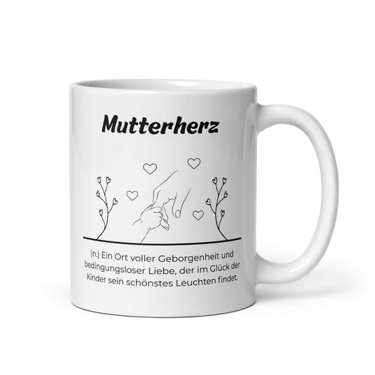 Geschenk Tasse - Mutterherz Keramiktasse in Weiß - Res5 Edition  - Frontansicht mit schwarzem Print - Henkel rechts