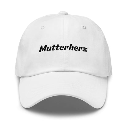 Geschenk Cap - Mutterherz Dad Cap in Weiß - Premium Edition - mit schwarzem Print - Frontansicht