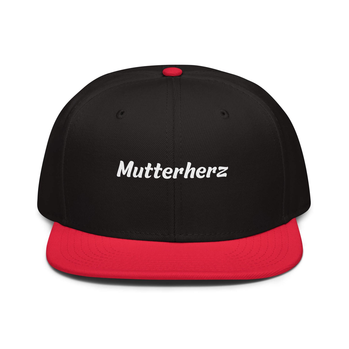 Geschenk Cap - Mutterherz Snapback Cap in Schwarz-Rot - Res5 Edition - mit weißem Print - Frontansicht