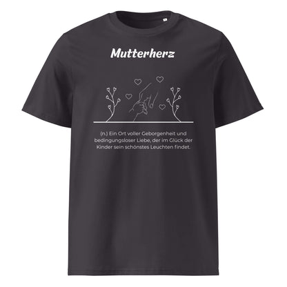 Geschenk T-Shirt - Mutterherz T-Shirt in Anthracite aus 180/m² Bio-Baumwolle, Premium Edition, Frontansicht mit weißem Print