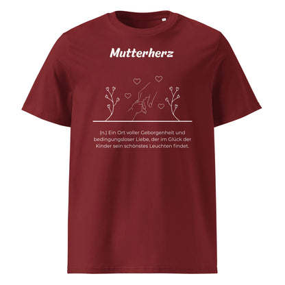 Geschenk T-Shirt - Mutterherz T-Shirt in Burgundy aus 180/m² Bio-Baumwolle, Premium Edition, Frontansicht mit weißem Print