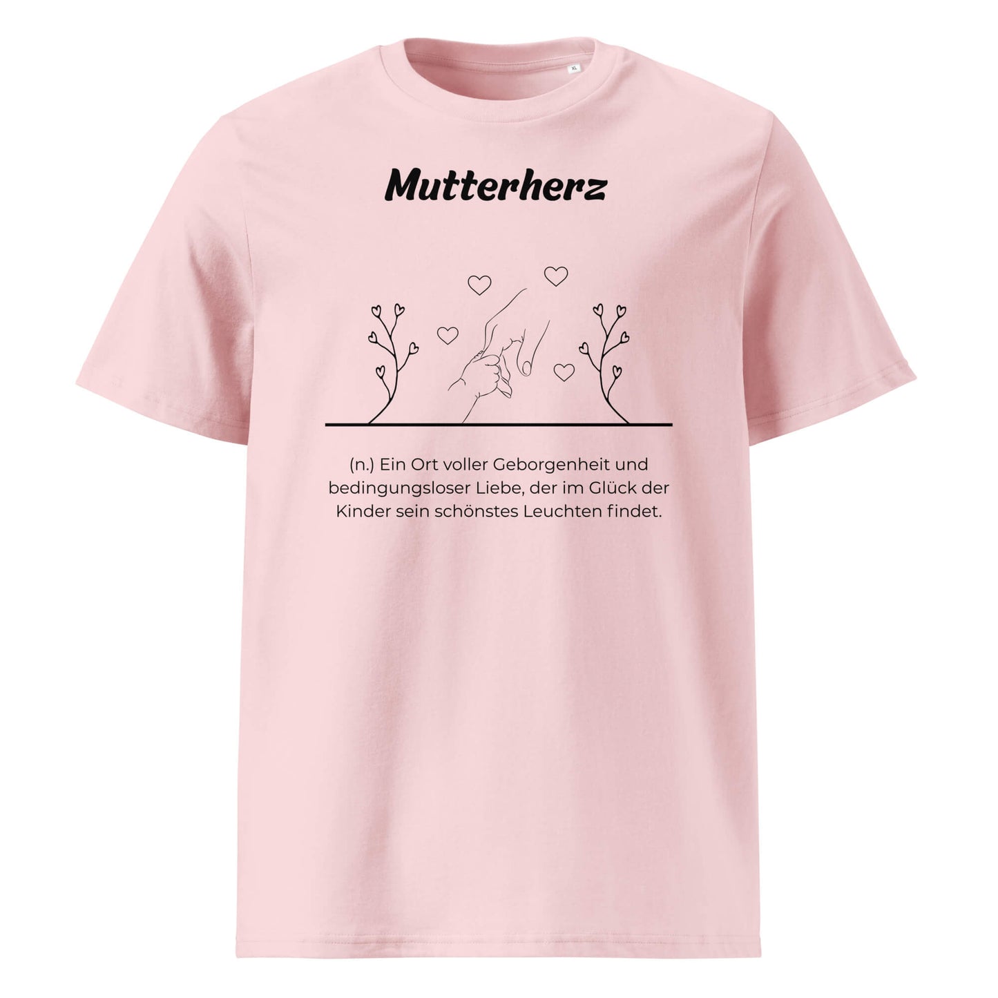 Geschenk T-Shirt - Mutterherz T-Shirt in Cotton Pink aus 180/m² Bio-Baumwolle, Premium Edition, Frontansicht mit weißem Print