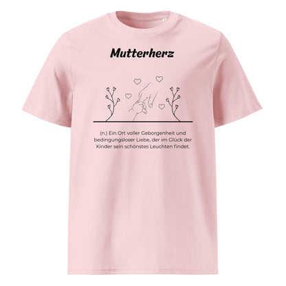 Geschenk T-Shirt - Mutterherz T-Shirt in Cotton Pink aus 180/m² Bio-Baumwolle, Premium Edition, Frontansicht mit weißem Print