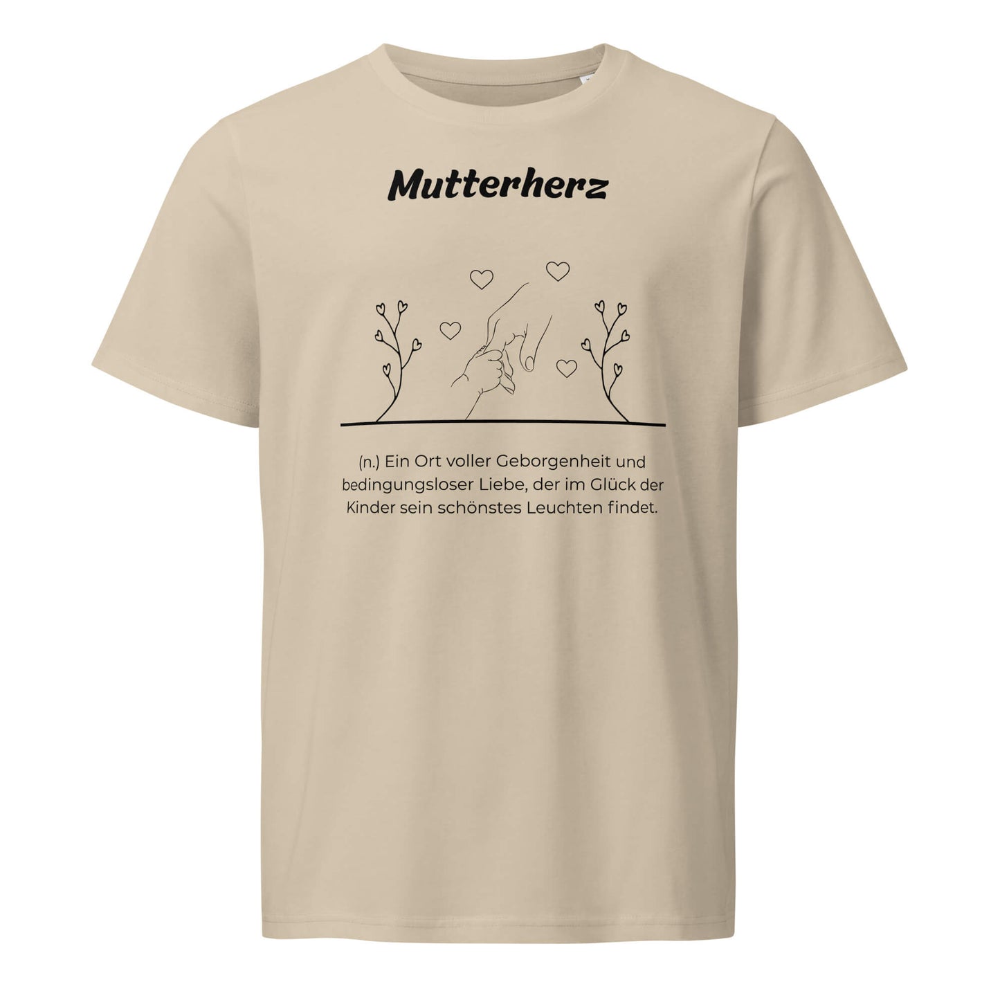 Geschenk T-Shirt - Mutterherz T-Shirt in Desert Dust aus 155g/m² Bio-Baumwolle, Res5 Edition, Frontansicht mit weißem Print