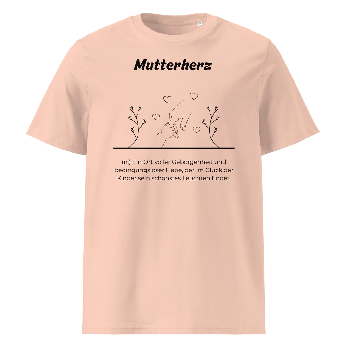 Geschenk T-Shirt - Mutterherz T-Shirt in Fraiche Peche aus 180/m² Bio-Baumwolle, Premium Edition, Frontansicht mit weißem Print