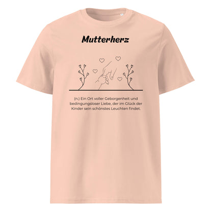 Geschenk T-Shirt - Mutterherz T-Shirt in Fraiche Peche aus 180/m² Bio-Baumwolle, Premium Edition, Frontansicht mit weißem Print