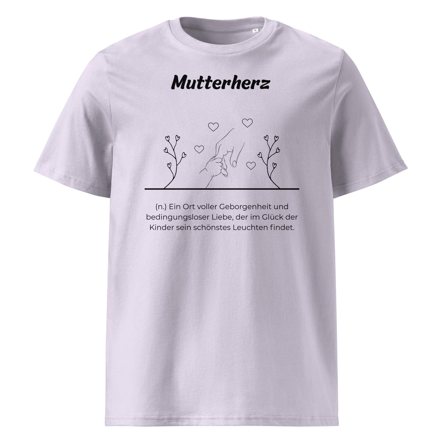 Geschenk T-Shirt - Mutterherz T-Shirt in Lavender aus 180/m² Bio-Baumwolle, Premium Edition, Frontansicht mit weißem Print