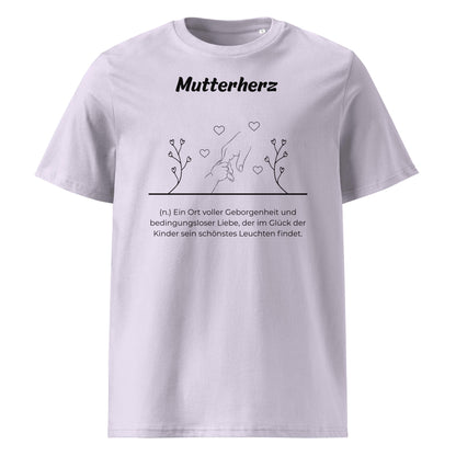 Geschenk T-Shirt - Mutterherz T-Shirt in Lavender aus 180/m² Bio-Baumwolle, Premium Edition, Frontansicht mit weißem Print